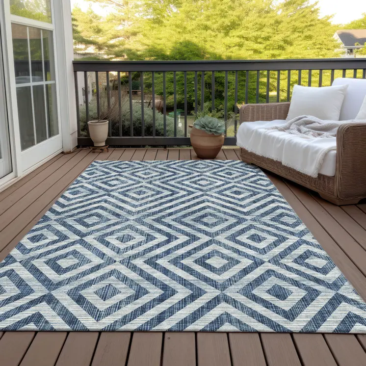 10' X 14' Navy Blue And Ivory Geometric Washable Indoor Outdoor Area Rug