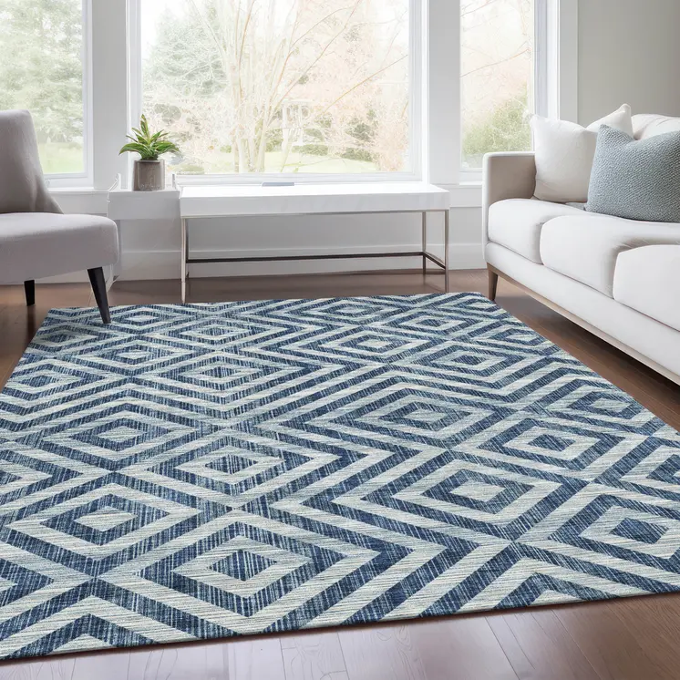 10' X 14' Navy Blue And Ivory Geometric Washable Indoor Outdoor Area Rug