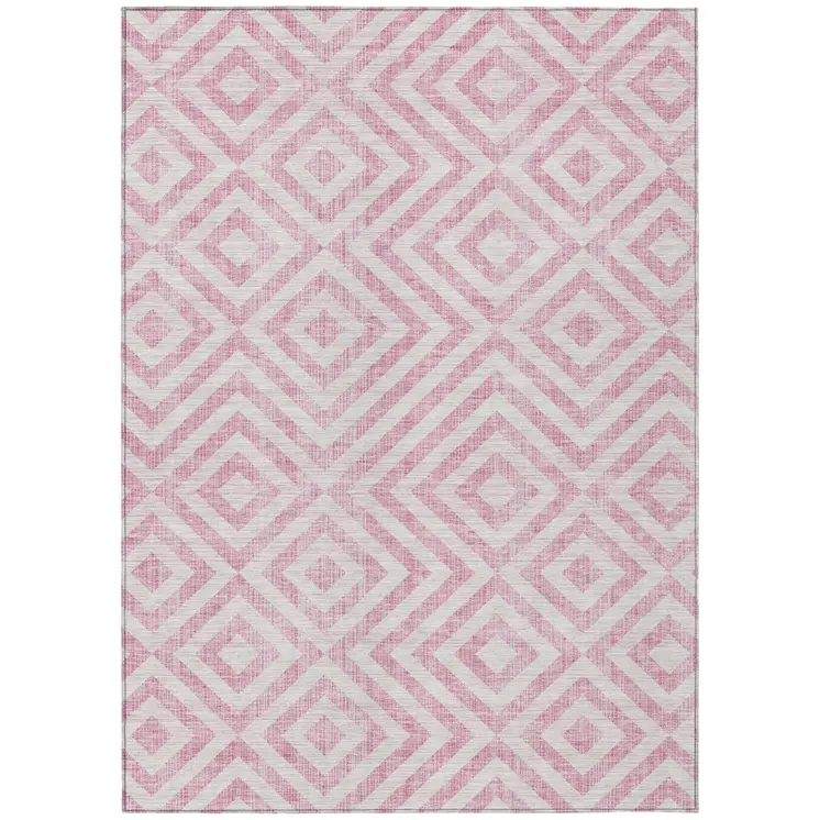 5' X 8' Pink And Ivory Geometric Washable Indoor Outdoor Area Rug