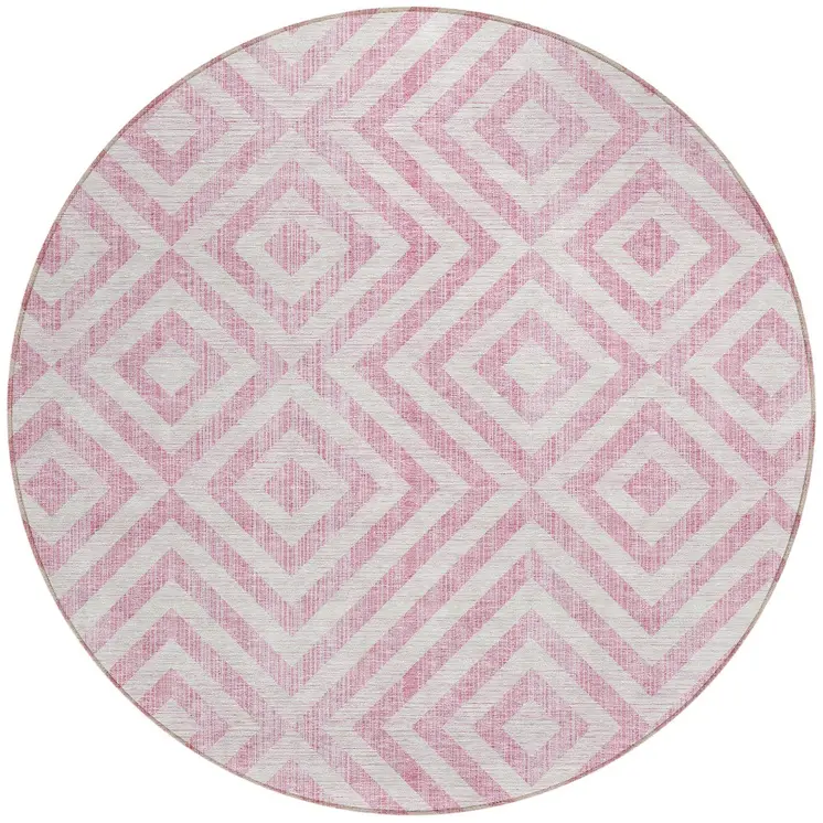 8' Pink And Ivory Round Geometric Washable Indoor Outdoor Area Rug