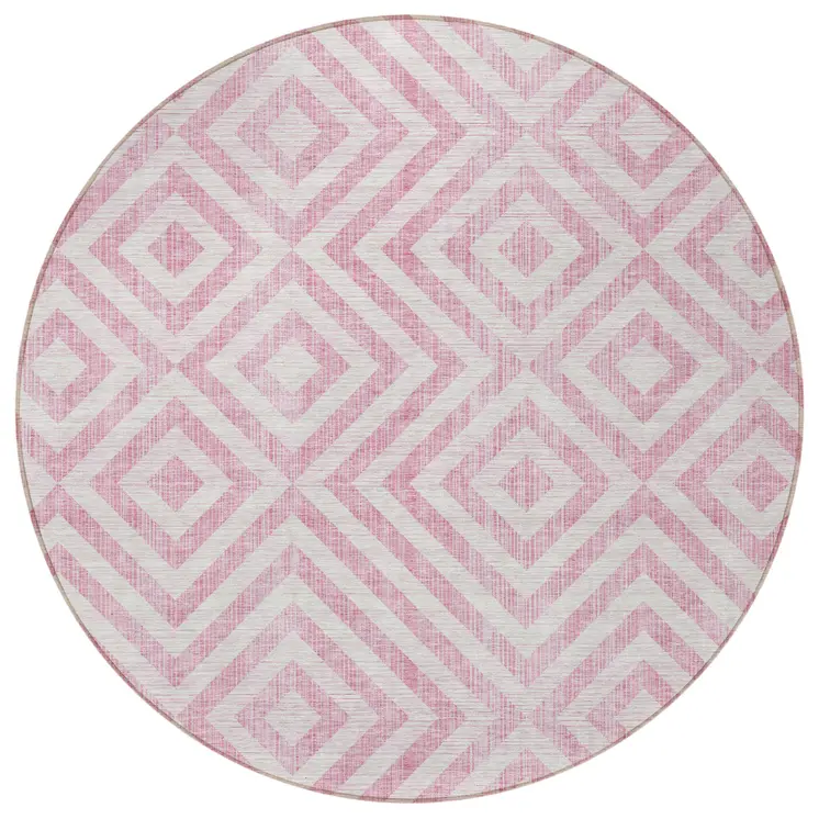 8' Pink And Ivory Round Geometric Washable Indoor Outdoor Area Rug