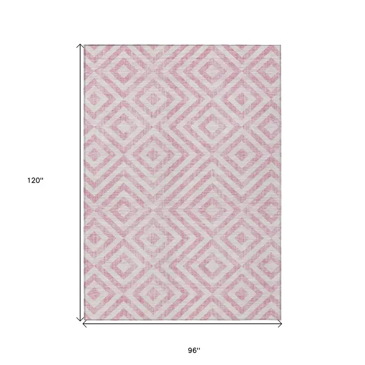 8' X 10' Pink And Ivory Geometric Washable Indoor Outdoor Area Rug