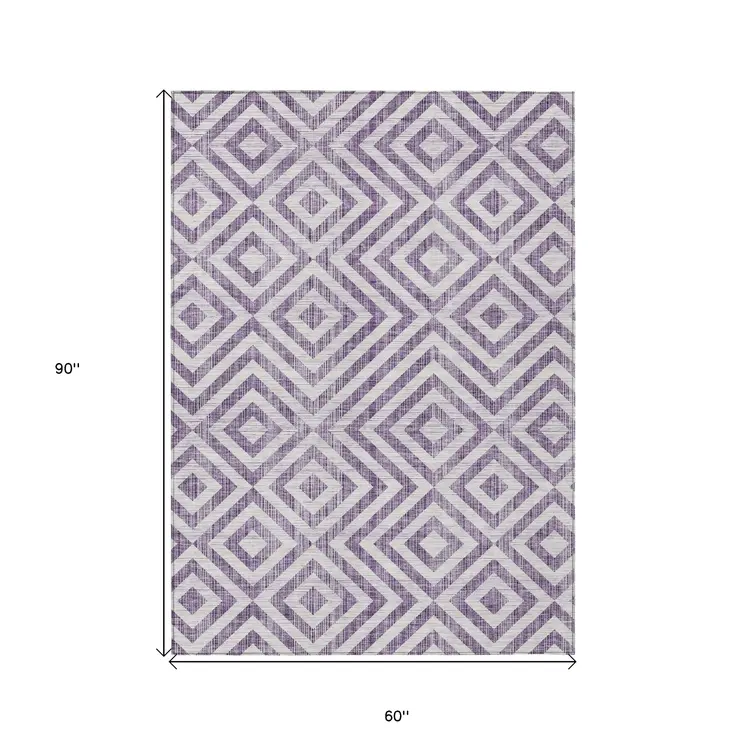 5' X 8' Purple And Ivory Geometric Washable Indoor Outdoor Area Rug