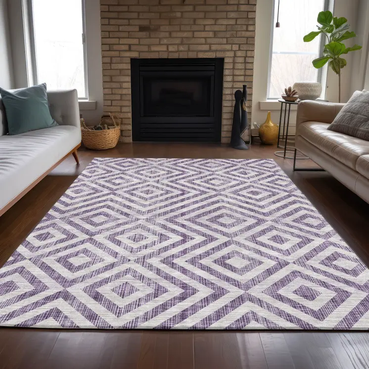 9' X 12' Purple And Ivory Geometric Washable Indoor Outdoor Area Rug