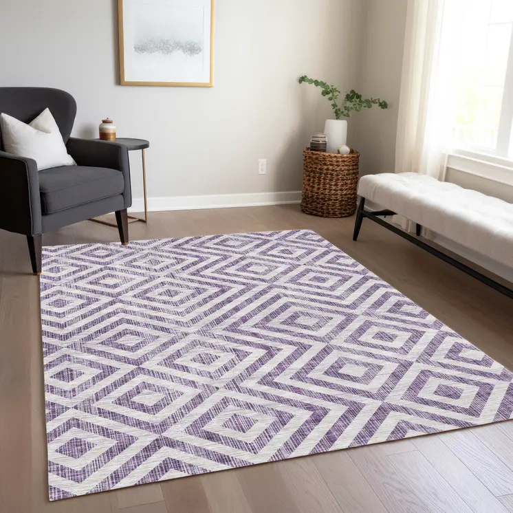 10' X 14' Purple And Ivory Geometric Washable Indoor Outdoor Area Rug