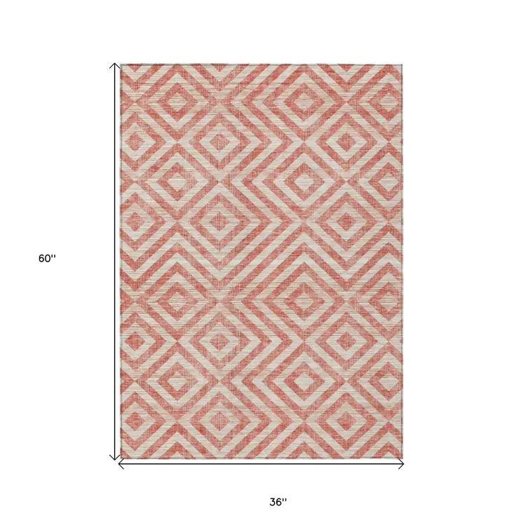 3' X 5' Salmon And Ivory Geometric Washable Indoor Outdoor Area Rug