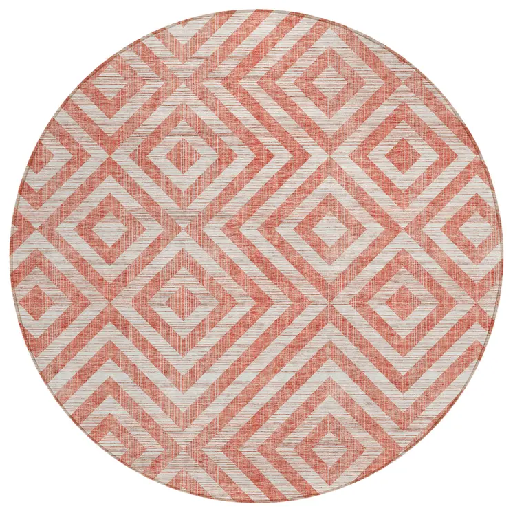 8' Salmon And Ivory Round Geometric Washable Indoor Outdoor Area Rug