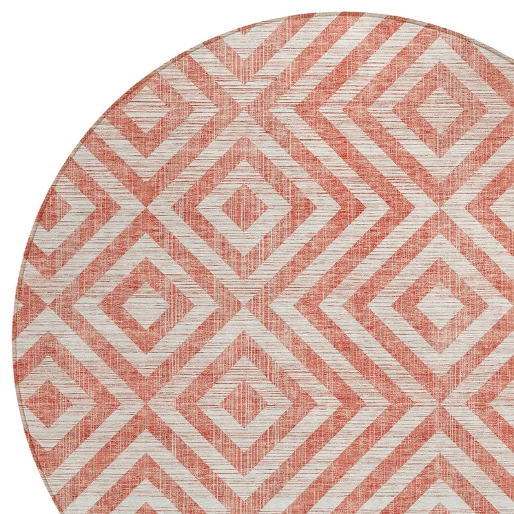 8' Salmon And Ivory Round Geometric Washable Indoor Outdoor Area Rug