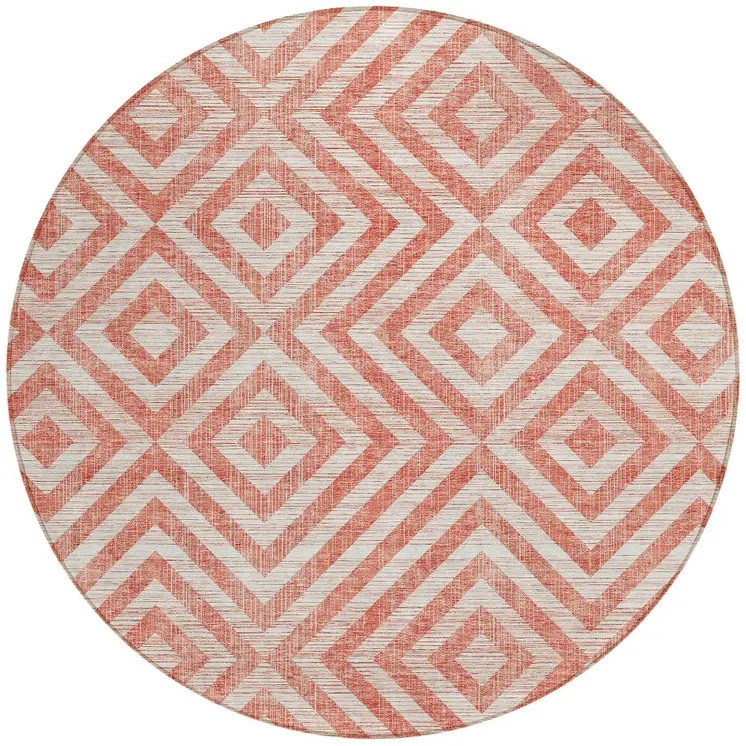 8' Salmon And Ivory Round Geometric Washable Indoor Outdoor Area Rug