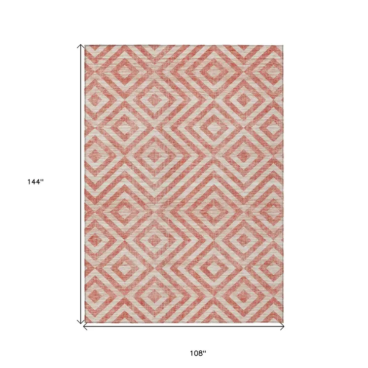 9' X 12' Salmon And Ivory Geometric Washable Indoor Outdoor Area Rug