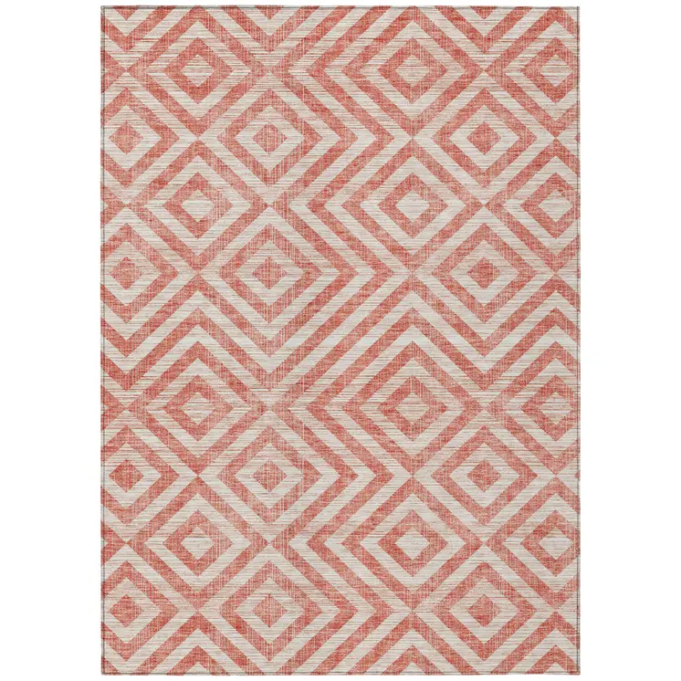 9' X 12' Salmon And Ivory Geometric Washable Indoor Outdoor Area Rug