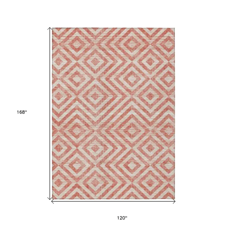 10' X 14' Salmon And Ivory Geometric Washable Indoor Outdoor Area Rug