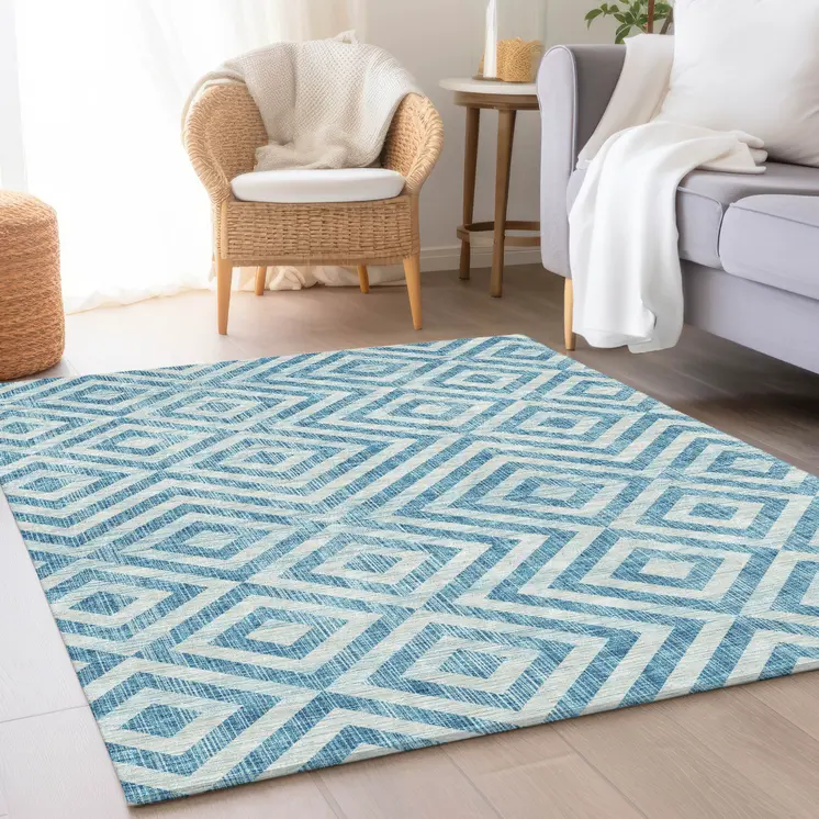 3' X 5' Teal Blue And Ivory Geometric Washable Indoor Outdoor Area Rug