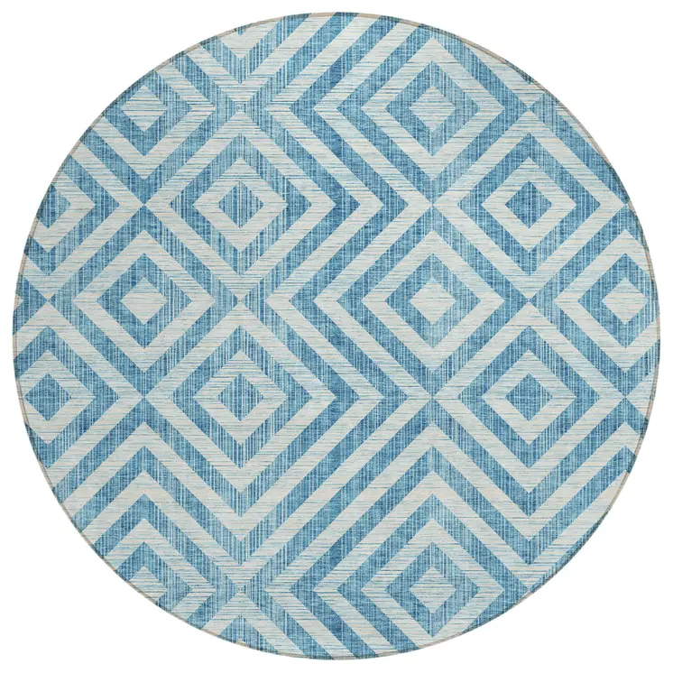 8' Teal Blue And Ivory Round Geometric Washable Indoor Outdoor Area Rug