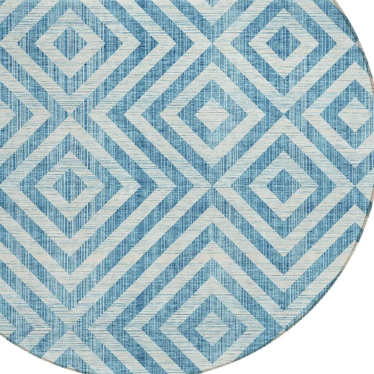 8' Teal Blue And Ivory Round Geometric Washable Indoor Outdoor Area Rug