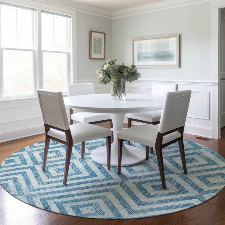 8' Teal Blue And Ivory Round Geometric Washable Indoor Outdoor Area Rug