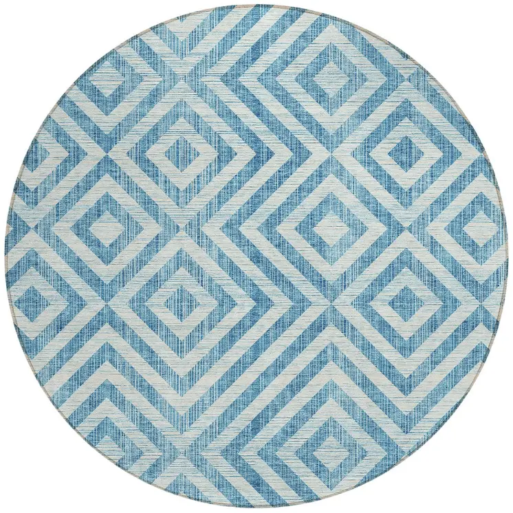 8' Teal Blue And Ivory Round Geometric Washable Indoor Outdoor Area Rug