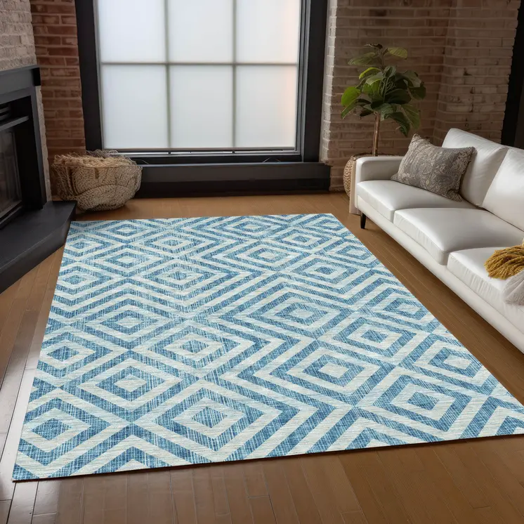 8' X 10' Teal Blue And Ivory Geometric Washable Indoor Outdoor Area Rug
