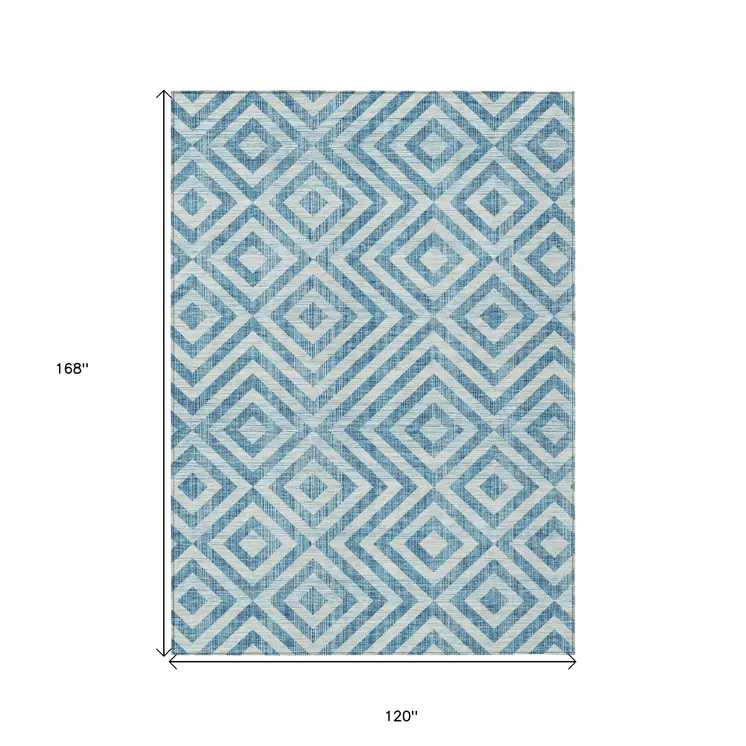10' X 14' Teal Blue And Ivory Geometric Washable Indoor Outdoor Area Rug
