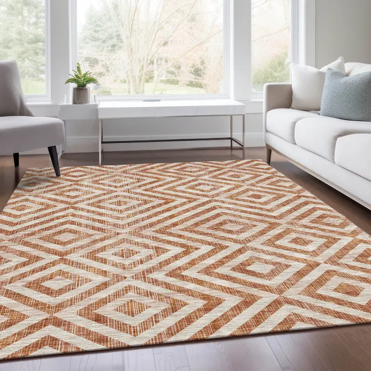 3' X 5' Terra Cotta Copper And Beige Geometric Washable Indoor Outdoor Area Rug