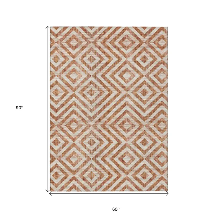 5' X 8' Terra Cotta Copper And Beige Geometric Washable Indoor Outdoor Area Rug