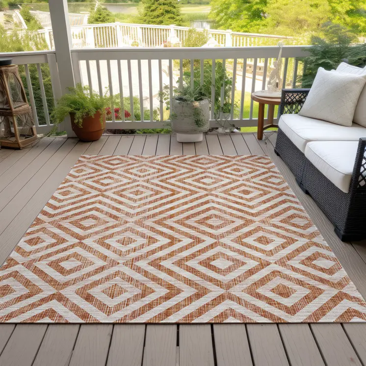 5' X 8' Terra Cotta Copper And Beige Geometric Washable Indoor Outdoor Area Rug