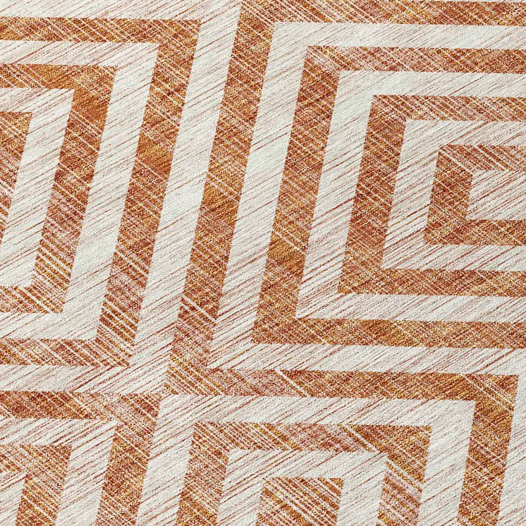 8' Terra Cotta Copper And Beige Round Geometric Washable Indoor Outdoor Area Rug