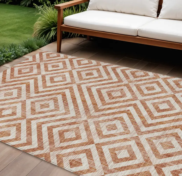 9' X 12' Terra Cotta Copper And Beige Geometric Washable Indoor Outdoor Area Rug