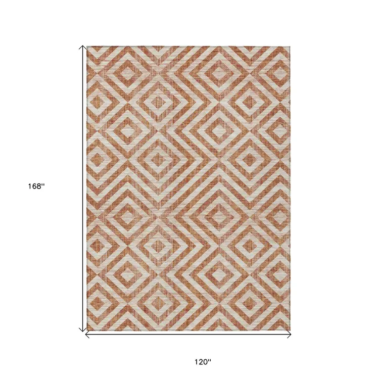 10' X 14' Terra Cotta Copper And Beige Geometric Washable Indoor Outdoor Area Rug