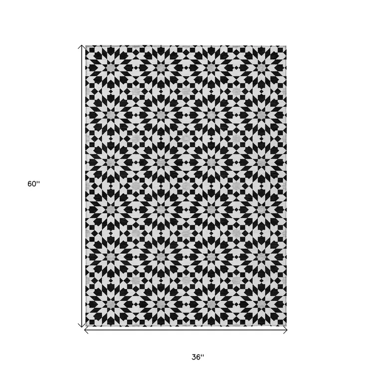 3' X 5' Black Gray And Silver Floral Medallion Washable Indoor Outdoor Area Rug