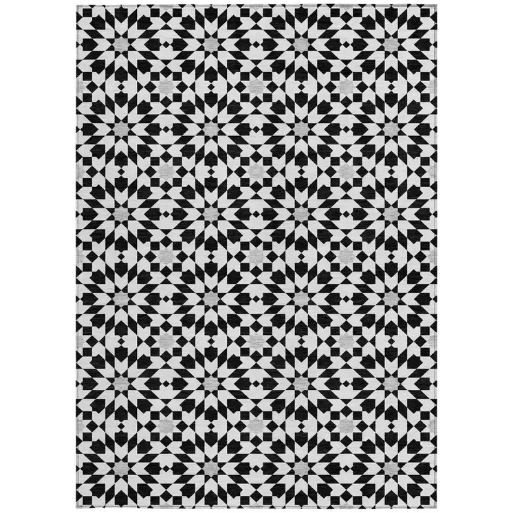 5' X 8' Black Gray And Silver Floral Medallion Washable Indoor Outdoor Area Rug
