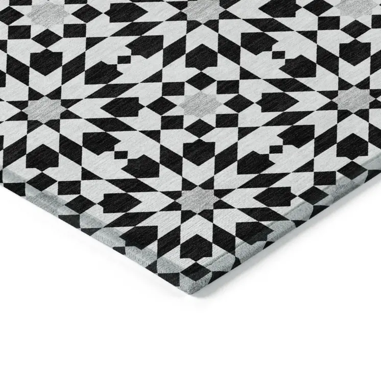 5' X 8' Black Gray And Silver Floral Medallion Washable Indoor Outdoor Area Rug