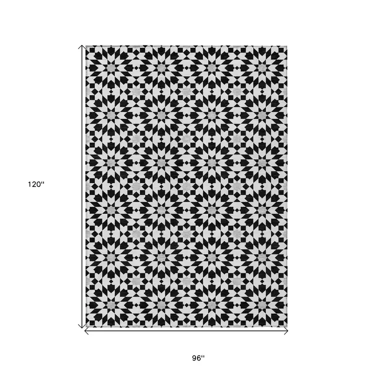 8' X 10' Black Gray And Silver Floral Medallion Washable Indoor Outdoor Area Rug