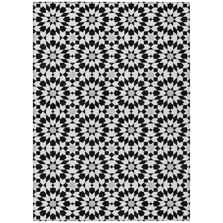 8' X 10' Black Gray And Silver Floral Medallion Washable Indoor Outdoor Area Rug