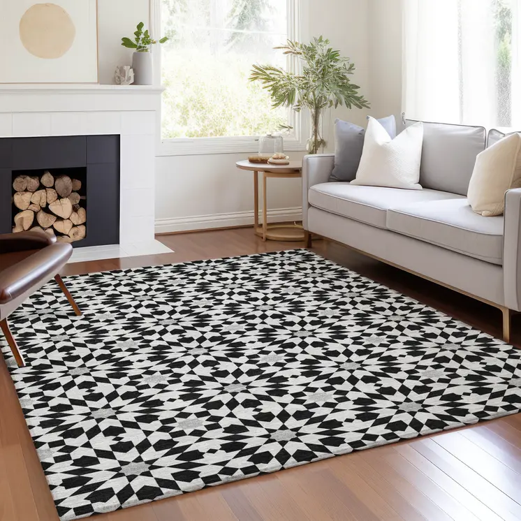 8' X 10' Black Gray And Silver Floral Medallion Washable Indoor Outdoor Area Rug