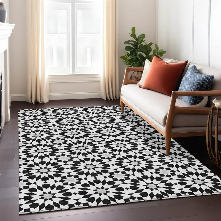 8' X 10' Black Gray And Silver Floral Medallion Washable Indoor Outdoor Area Rug