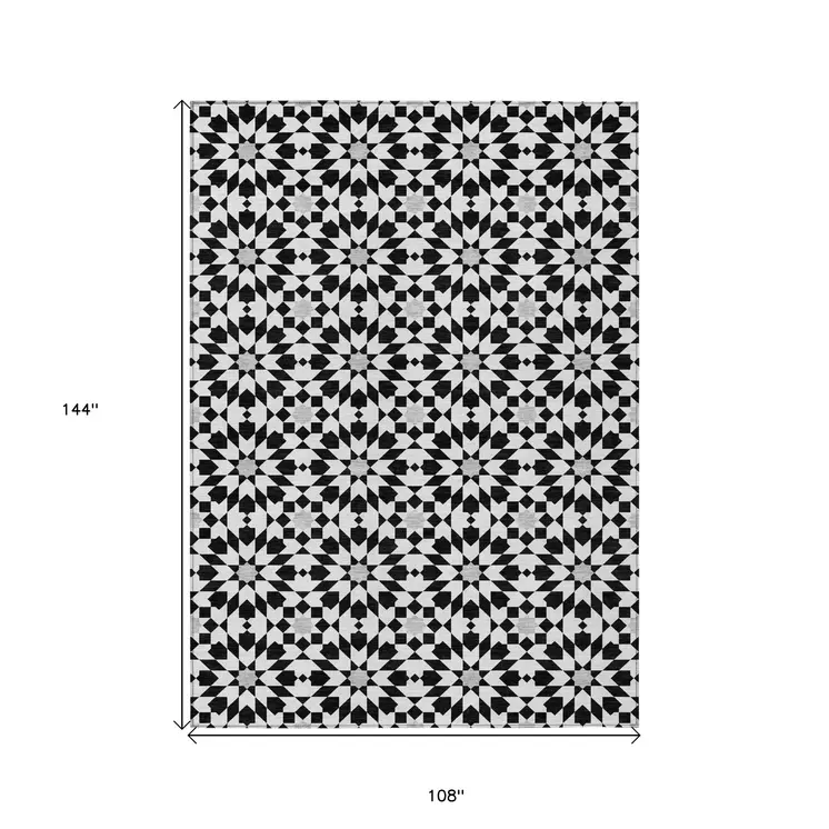 9' X 12' Black Gray And Silver Floral Medallion Washable Indoor Outdoor Area Rug