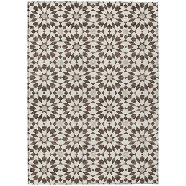 5' X 8' Brown Beige And Ivory Floral Medallion Washable Indoor Outdoor Area Rug