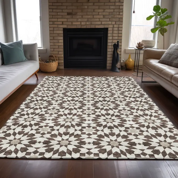 5' X 8' Brown Beige And Ivory Floral Medallion Washable Indoor Outdoor Area Rug