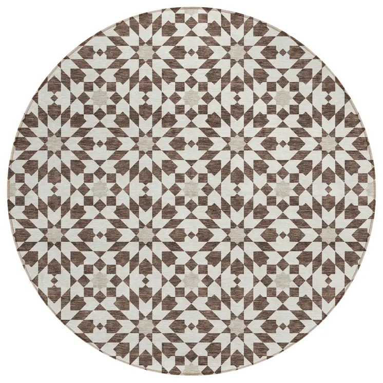 8' Brown Beige And Ivory Round Floral Medallion Washable Indoor Outdoor Area Rug