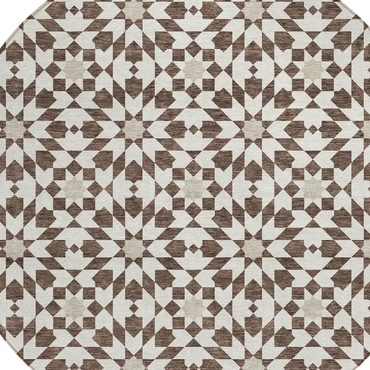 8' Brown Beige And Ivory Round Floral Medallion Washable Indoor Outdoor Area Rug