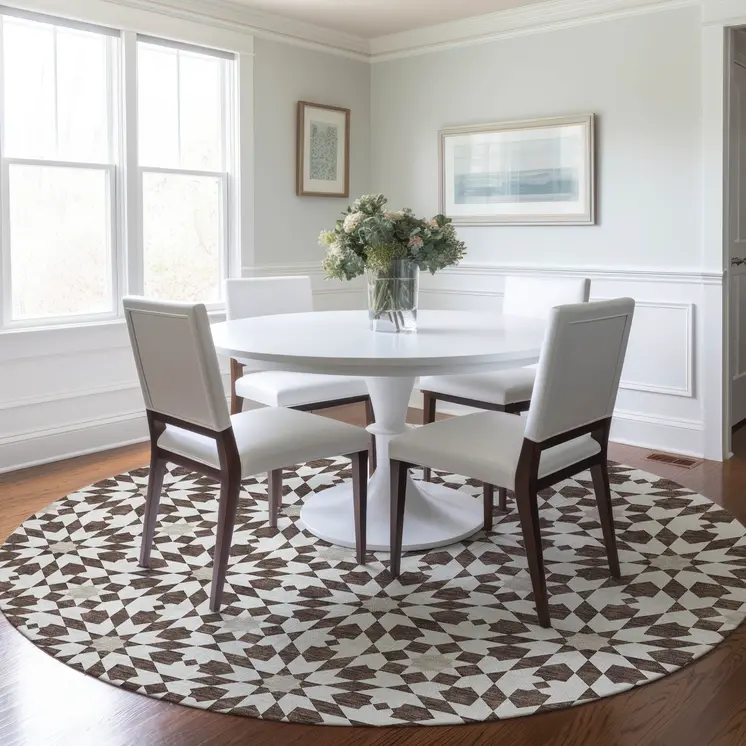 8' Brown Beige And Ivory Round Floral Medallion Washable Indoor Outdoor Area Rug