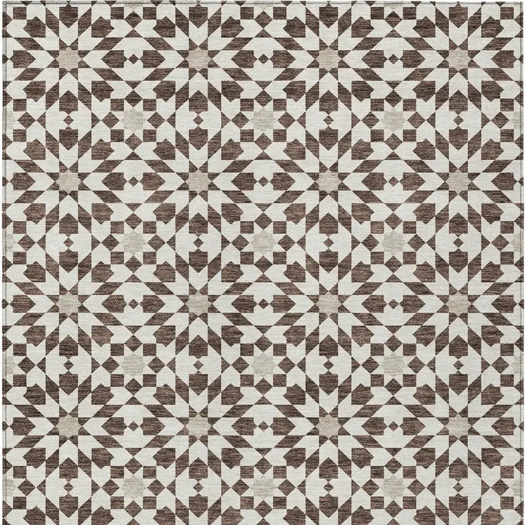 9' X 12' Brown Beige And Ivory Floral Medallion Washable Indoor Outdoor Area Rug