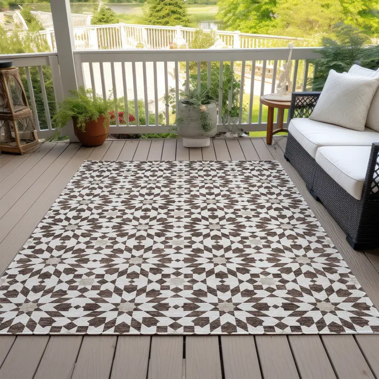 9' X 12' Brown Beige And Ivory Floral Medallion Washable Indoor Outdoor Area Rug