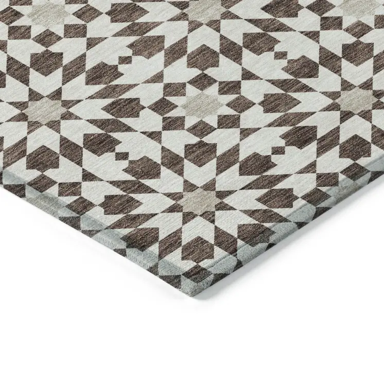9' X 12' Brown Beige And Ivory Floral Medallion Washable Indoor Outdoor Area Rug