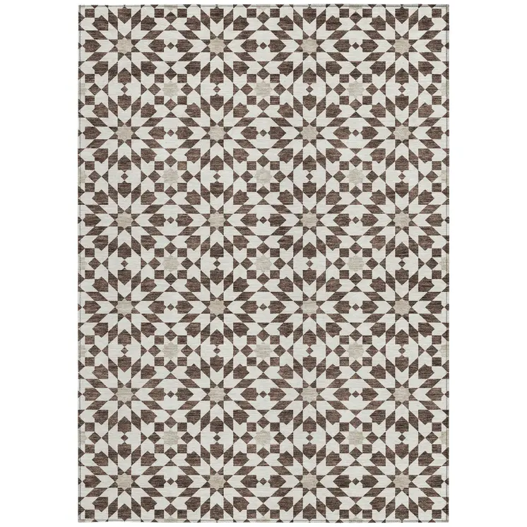 10' X 14' Brown Beige And Ivory Floral Medallion Washable Indoor Outdoor Area Rug