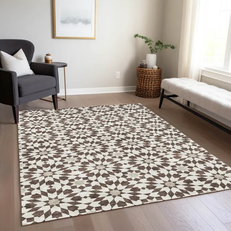 10' X 14' Brown Beige And Ivory Floral Medallion Washable Indoor Outdoor Area Rug