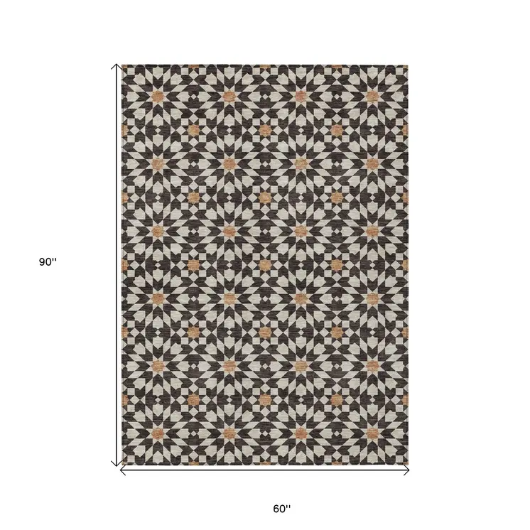 5' X 8' Charcoal Silver And Copper Floral Medallion Washable Indoor Outdoor Area Rug