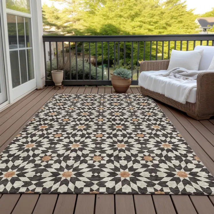 5' X 8' Charcoal Silver And Copper Floral Medallion Washable Indoor Outdoor Area Rug