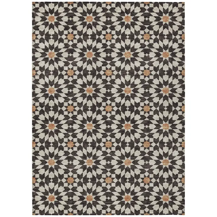 5' X 8' Charcoal Silver And Copper Floral Medallion Washable Indoor Outdoor Area Rug